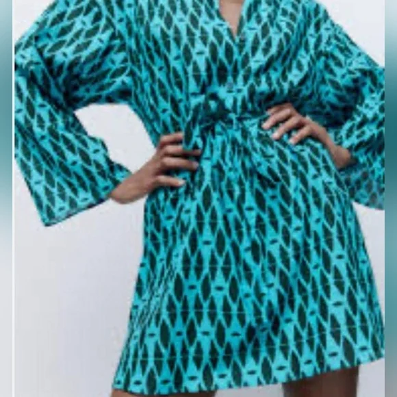 NWT Zara 100% Cotton "The Reese Dress" in Blue Geo Print - Size M - Picture 2 of 14